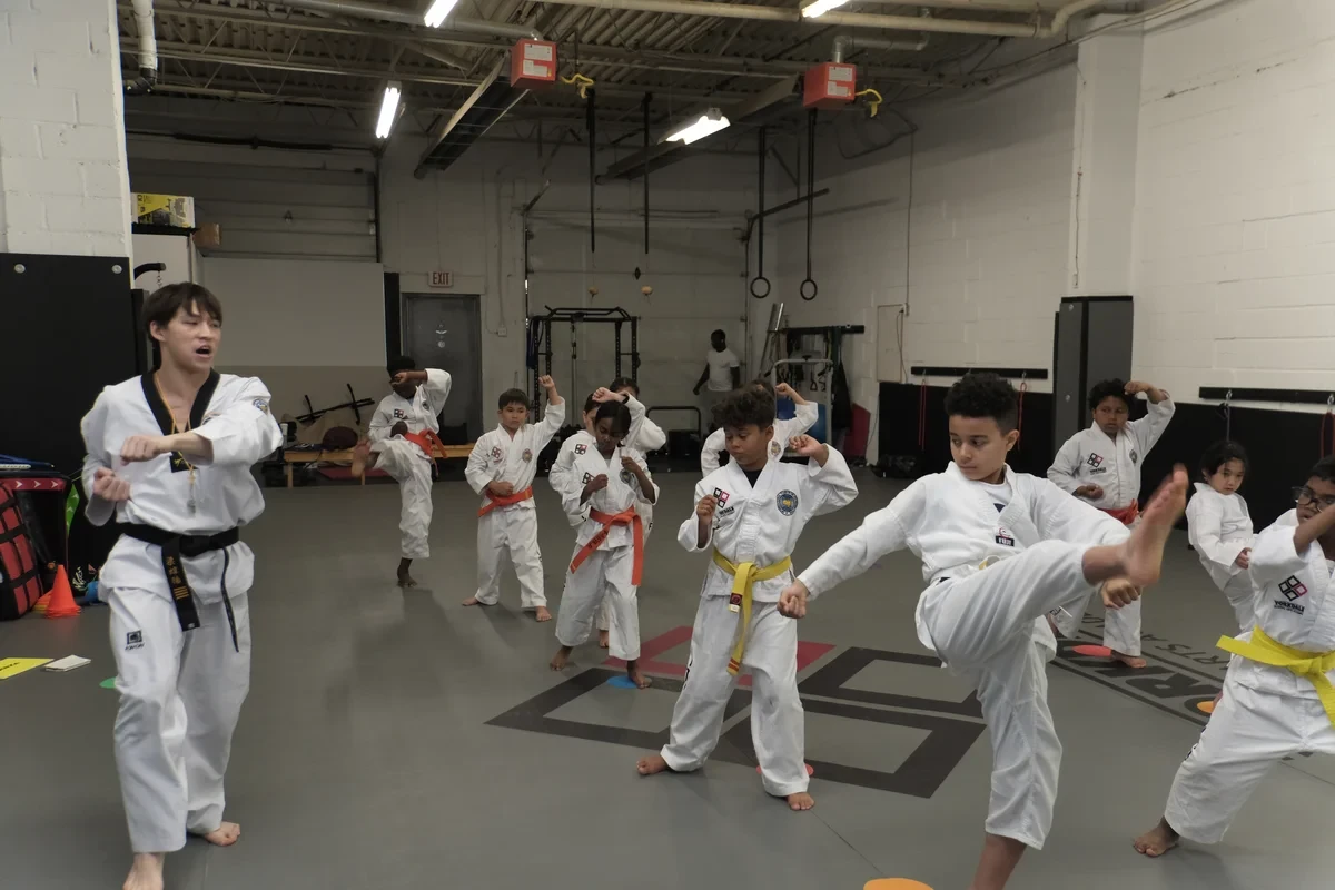 Students practicing Taekwondo kicks at Yorkdale Martial Arts Academy in York