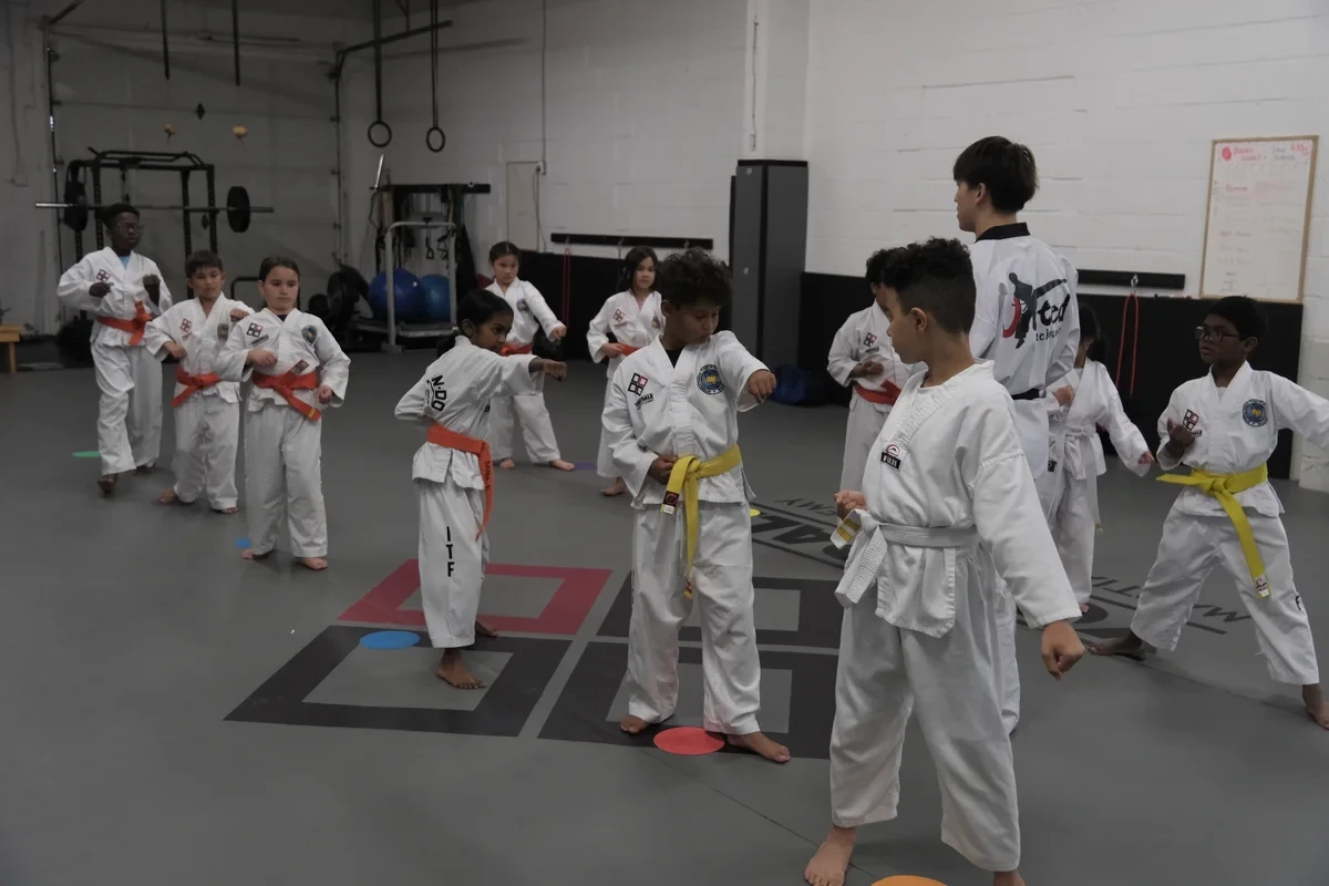 Yorkdale Martial Arts Academy facility in York Ontario - Taekwondo class in session showing training floor and equipment